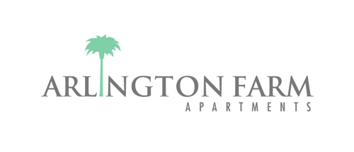 Gray text that reads "Arlington Farm Apartments" with the "i" being a green palm tree.