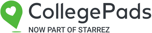 Black text reading "College Pads, now part of Starrez" with a picture of a green location pin.