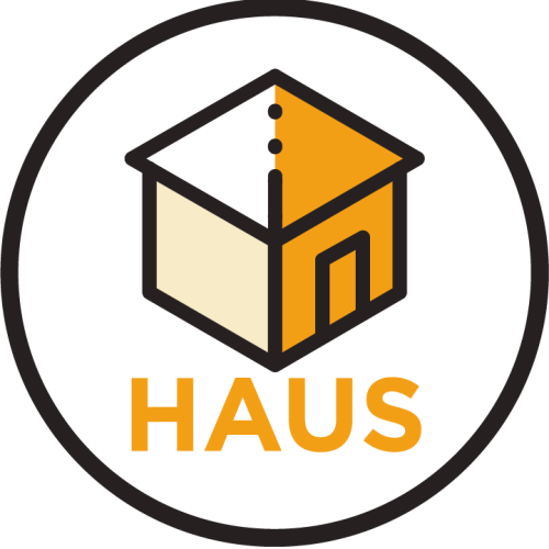An image of a house, with the right side shaded orange and the left side unshaded and beige. HAUS text on the bottom all encircled within a black circle.